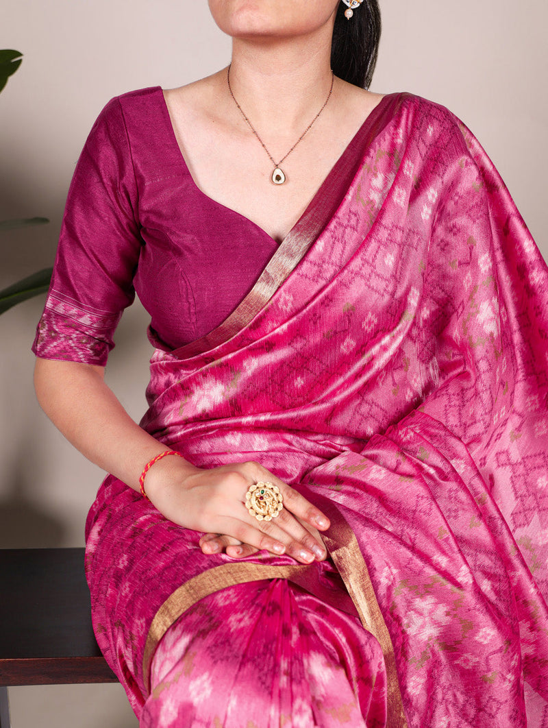 Pink Color Patola Print With Zari Weaving Work Jacquard Silk Saree