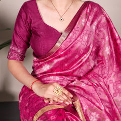 Pink Color Patola Print With Zari Weaving Work Jacquard Silk Saree