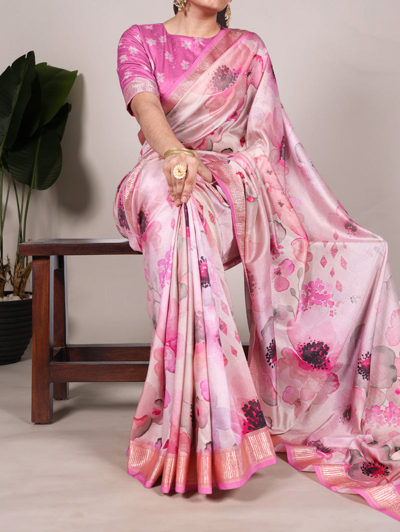 Pink Color Printed Tussar Silk With Viscose Border Saree