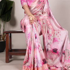 Pink Color Printed Tussar Silk With Viscose Border Saree