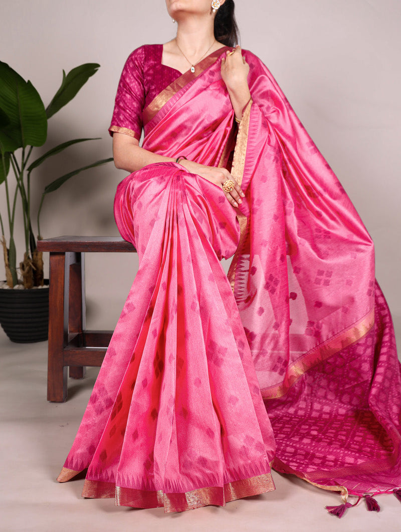 Pink Color Jacquard Silk Patola Print With Zari Weaving Work Saree