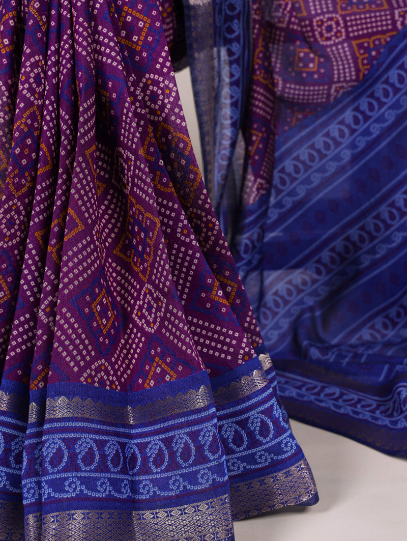 Purple Color Bandhej Print With Zari Weaving Work Viscose Chanderi Saree
