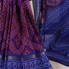 Purple Color Bandhej Print With Zari Weaving Work Viscose Chanderi Saree