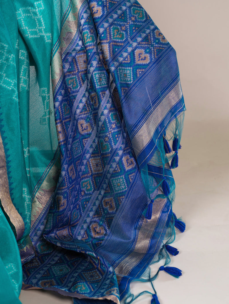 Teal Color Printed With Zari Weaving Work Jacquard Silk Saree