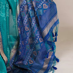 Teal Color Printed With Zari Weaving Work Jacquard Silk Saree