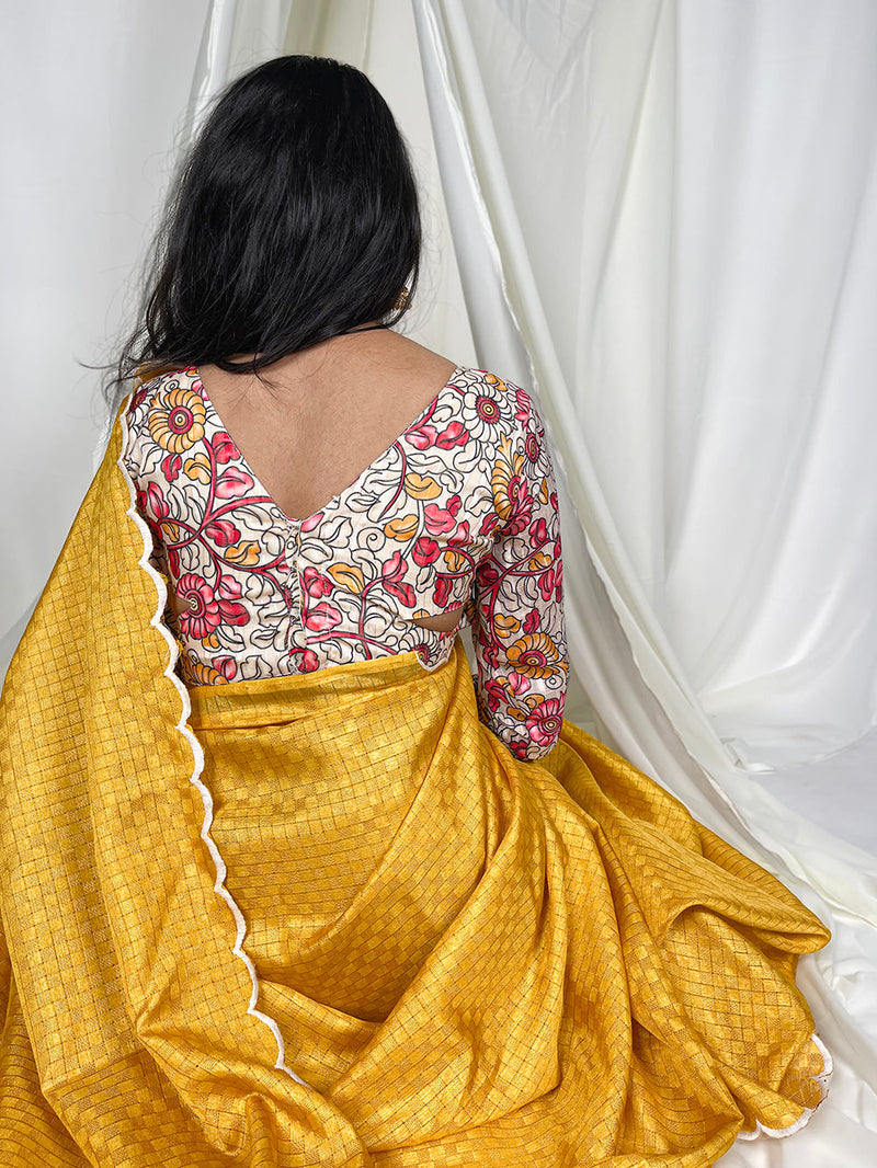 Yellow Color Arca Work Gadhawal Chex Women Wear Saree