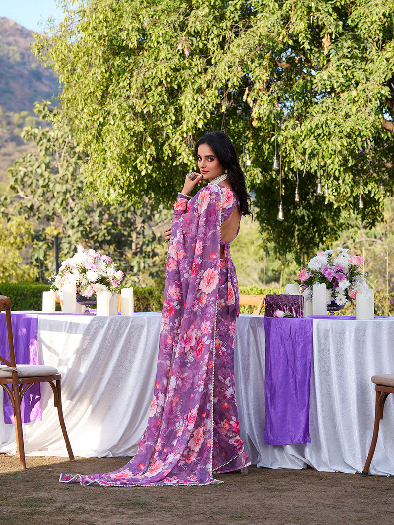 Onion Color Printed With Peral Lace Border Weightless Marbal