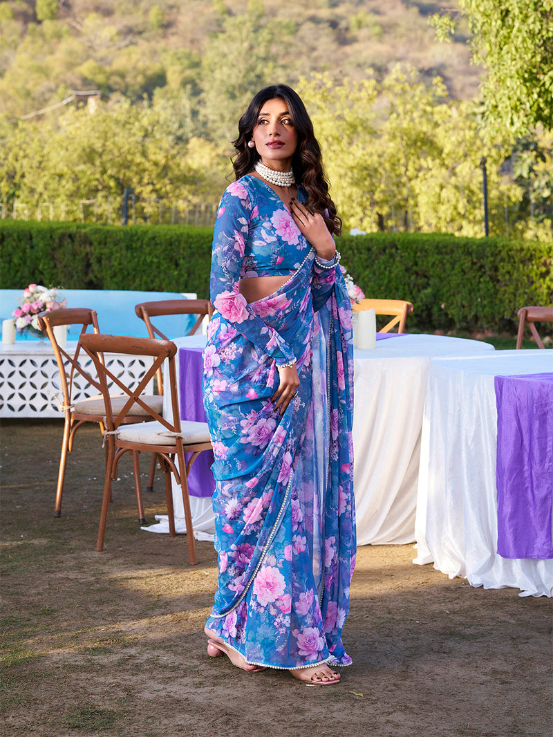 Blue Color Printed With Peral Lace Border Weightless Marbal