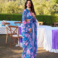 Blue Color Printed With Peral Lace Border Weightless Marbal