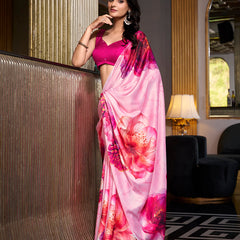 Light Pink Color Printed Satin Silk saree