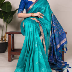 Teal Color Printed With Zari Weaving Work Jacquard Silk Saree