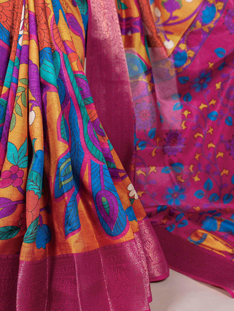 Mustard Color Printed With Zari Weaving Work Tussar Silk Saree