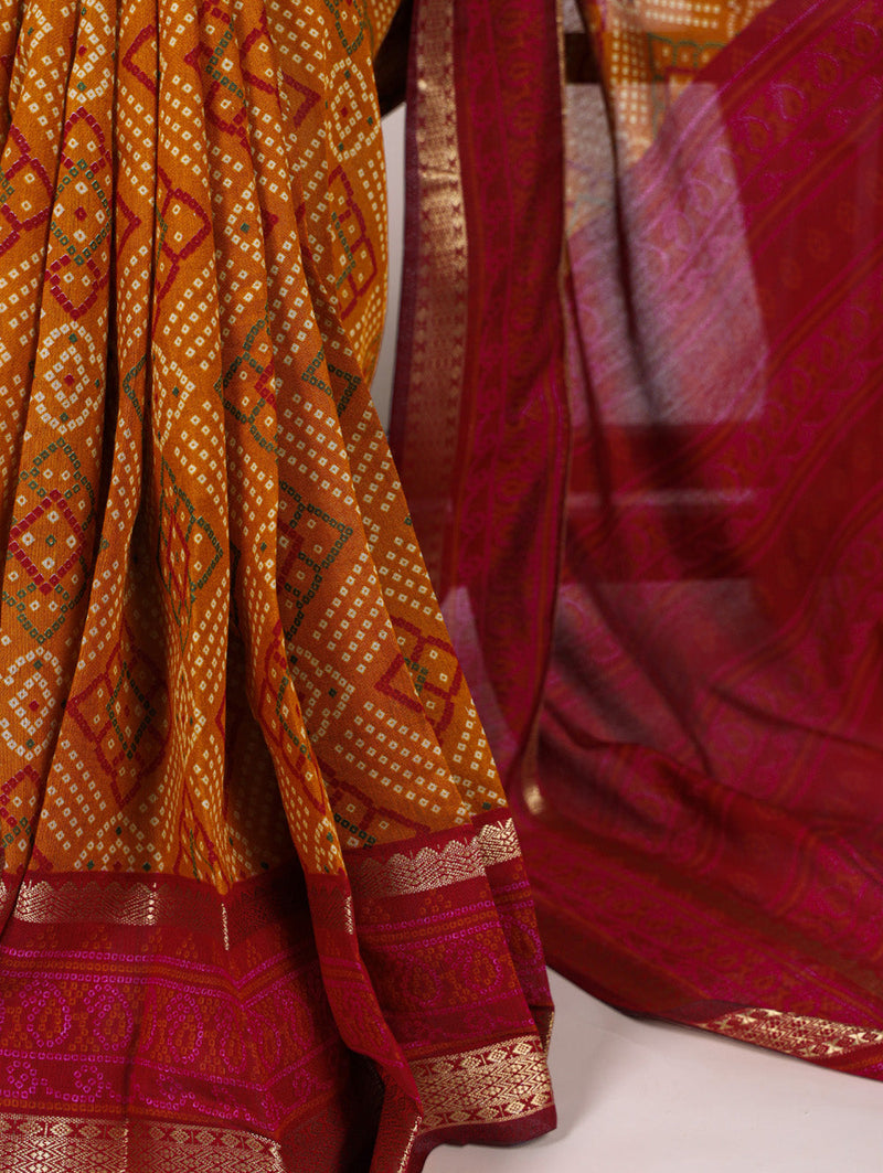 Mustard Color Bandhej Print With Zari Weaving Work Viscose Chanderi Saree