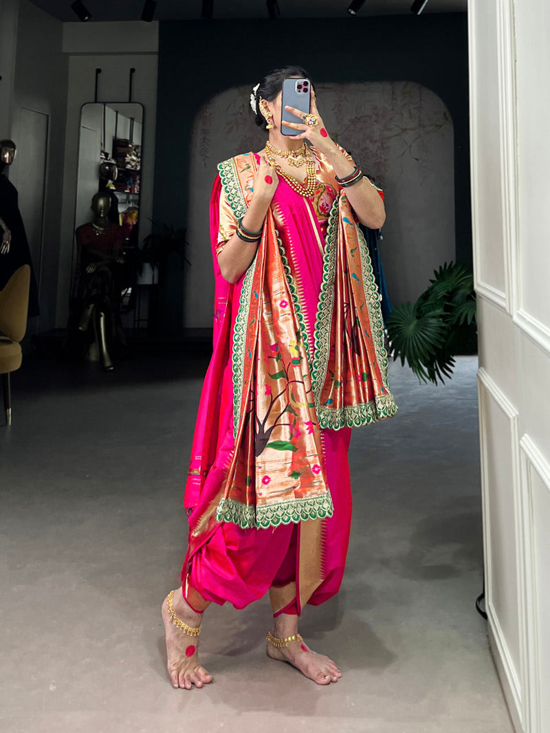 Pink Color Zari Weaving Work With Jacquard Silk (Paithani) Maharashtrian Bride Saree