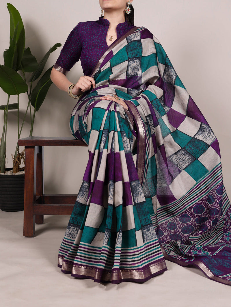 Purple Color Printed With Temple Border Polyester Viscose Chanderi Saree