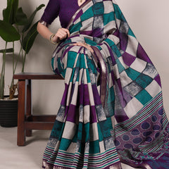 Purple Color Printed With Temple Border Polyester Viscose Chanderi Saree