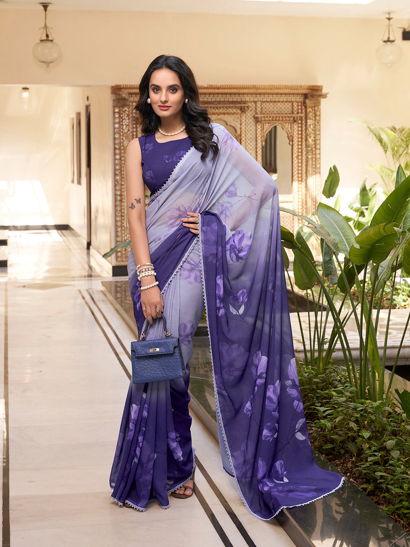 Purple Color Floral Printed With Weightless Marbal saree