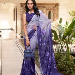 Purple Color Floral Printed With Weightless Marbal saree