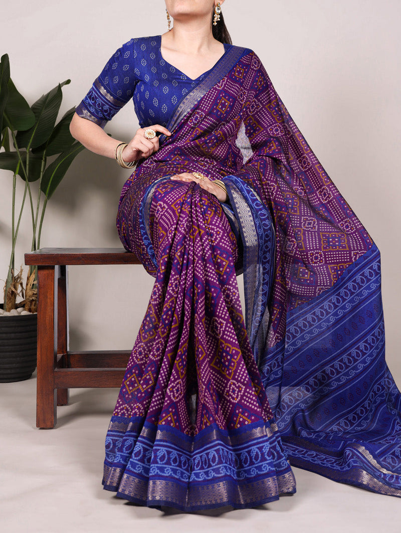 Purple Color Bandhej Print With Zari Weaving Work Viscose Chanderi Saree