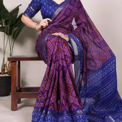 Purple Color Bandhej Print With Zari Weaving Work Viscose Chanderi Saree