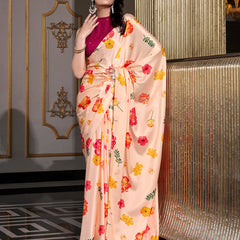 Cream Color Printed Satin Silk saree