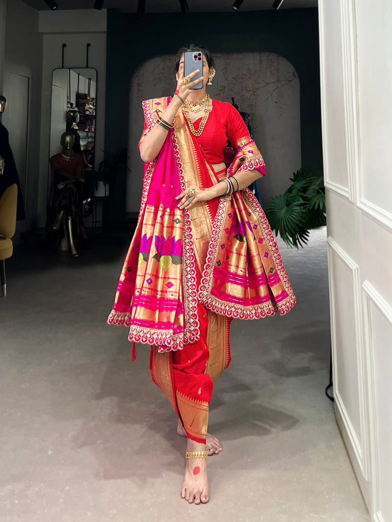 Red color Paithani Zari Weaving Work Jacquard Silk Saree