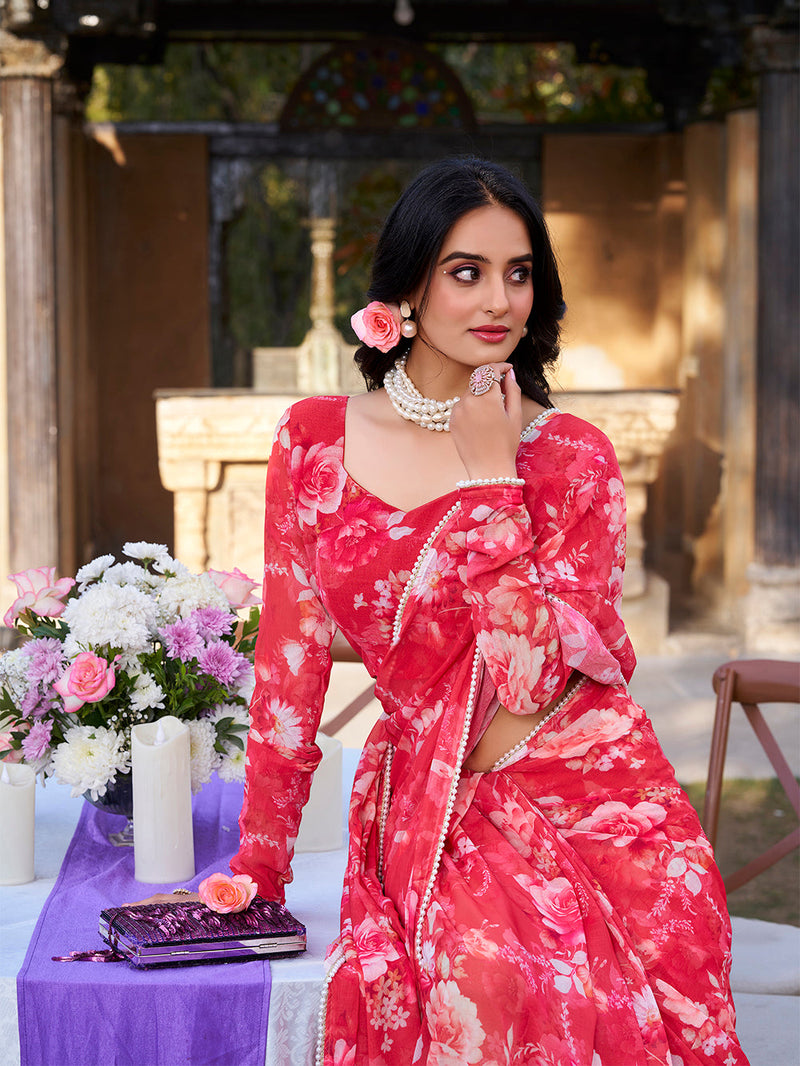 Red Color Printed With Peral Lace Border Weightless Marbal