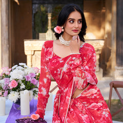 Red Color Printed With Peral Lace Border Weightless Marbal