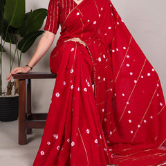 Red Color Sequins With Zari Line Viscose Chanderi Saree