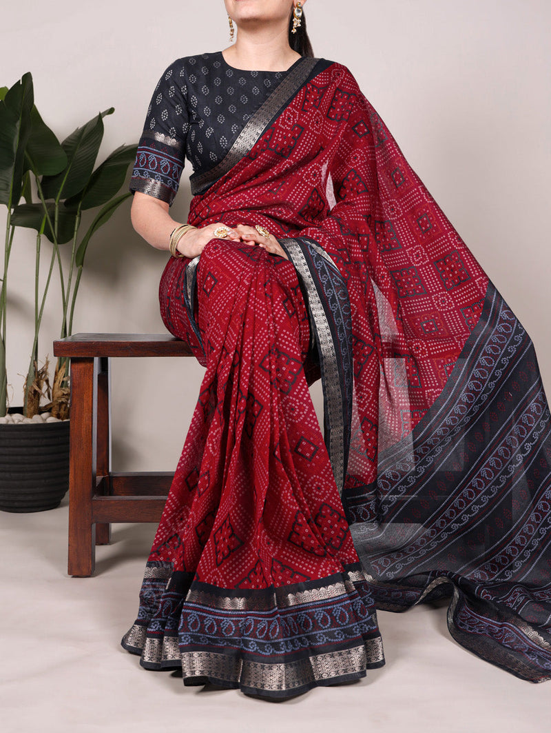 Maroon Color Bandhej Print With Zari Weaving Work Viscose Chanderi Saree