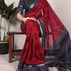 Maroon Color Bandhej Print With Zari Weaving Work Viscose Chanderi Saree