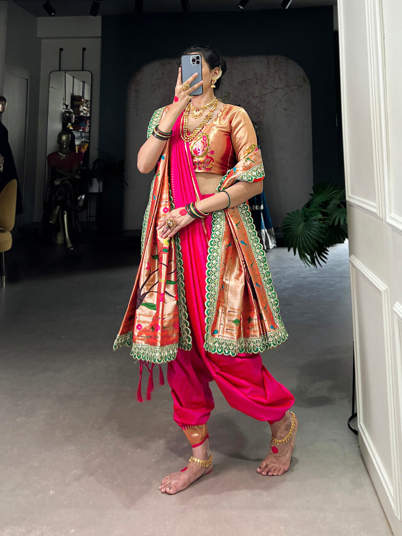 Pink Color Zari Weaving Work With Jacquard Silk (Paithani) Maharashtrian Bride Saree