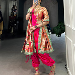 Pink Color Zari Weaving Work With Jacquard Silk (Paithani) Maharashtrian Bride Saree