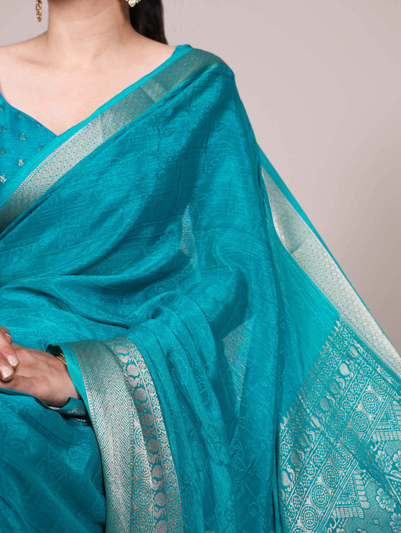 Firozi Color Self Printed With Zari Weaving Work Chinon Saree