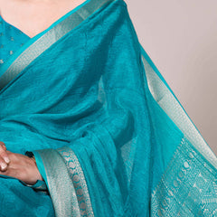 Firozi Color Self Printed With Zari Weaving Work Chinon Saree