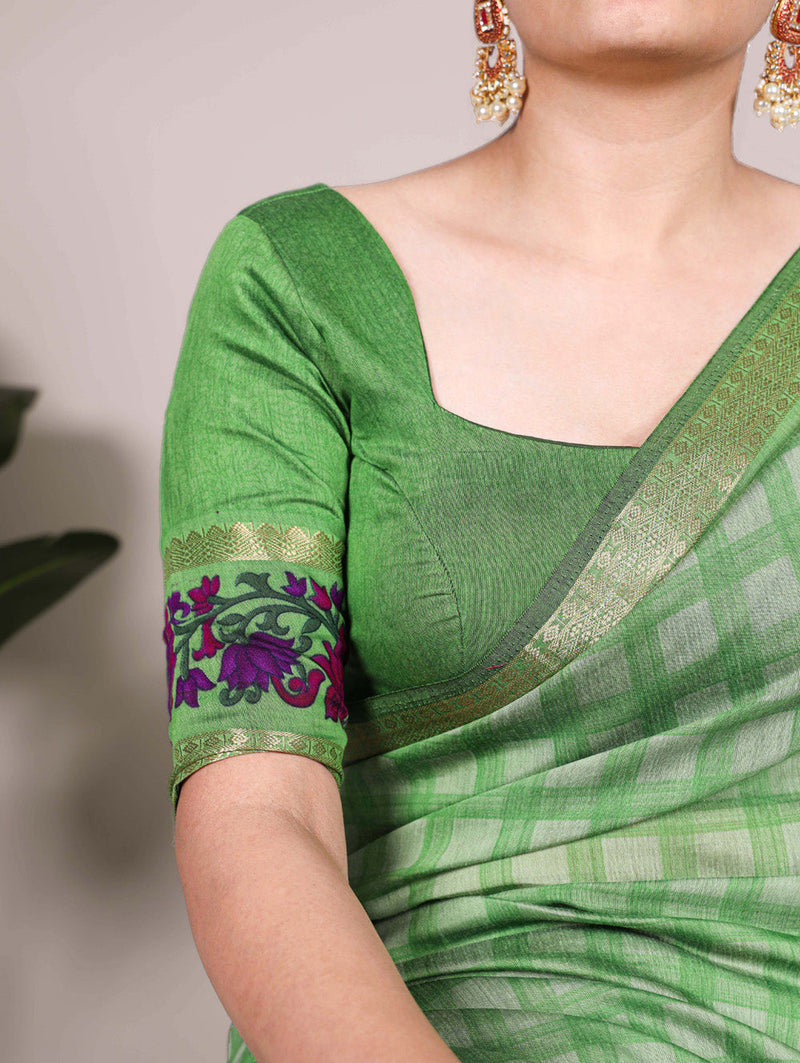 Parrot Color Printed With Zari Weaving Work Polyester Viscose Chanderi Saree