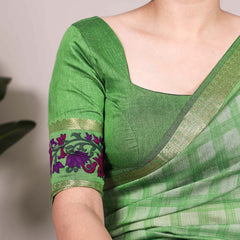 Parrot Color Printed With Zari Weaving Work Polyester Viscose Chanderi Saree