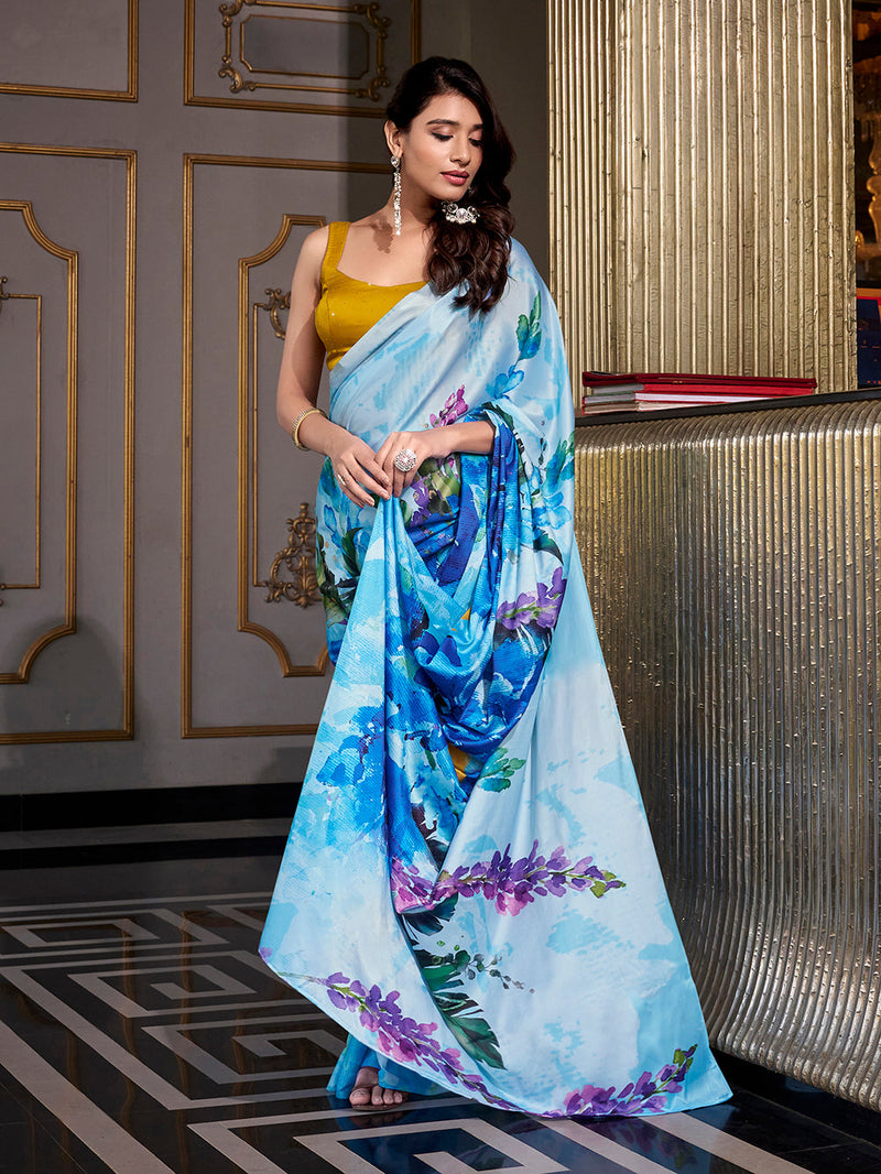 Sky Blue Color Printed Satin Silk saree