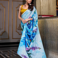 Sky Blue Color Printed Satin Silk saree
