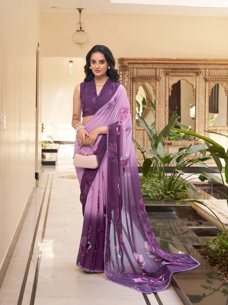 Lavender Color Floral Printed With Weightless Marbal saree