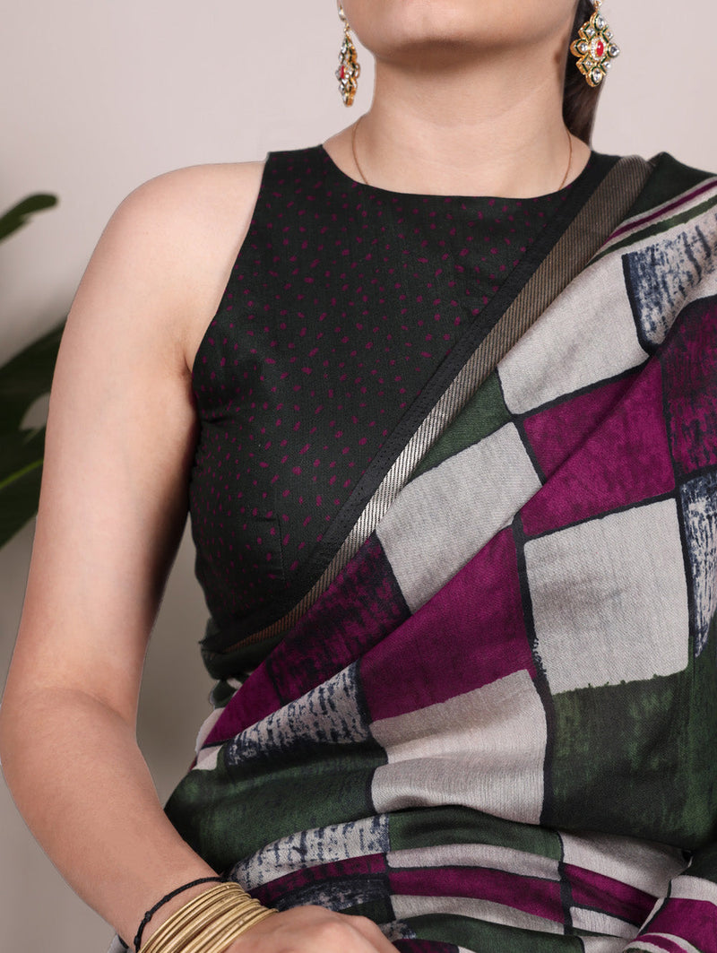 Green Color Printed With Temple Border Polyester Viscose Chanderi Saree