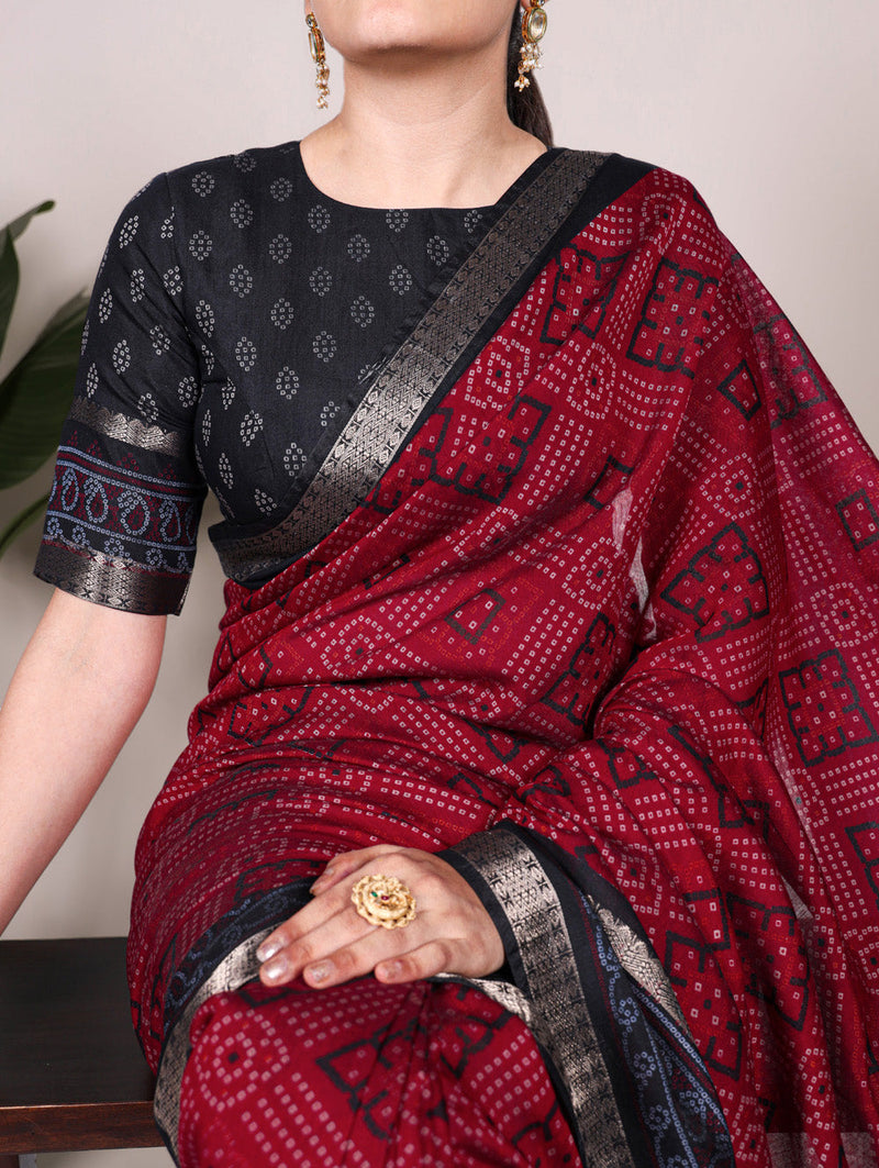 Maroon Color Bandhej Print With Zari Weaving Work Viscose Chanderi Saree