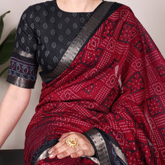 Maroon Color Bandhej Print With Zari Weaving Work Viscose Chanderi Saree