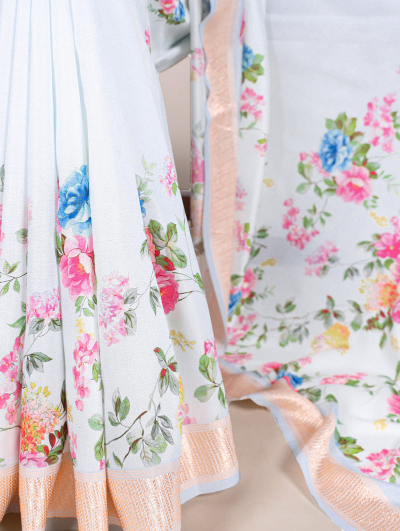 Sky Blue Color Printed Tussar Silk With Viscose Border Saree