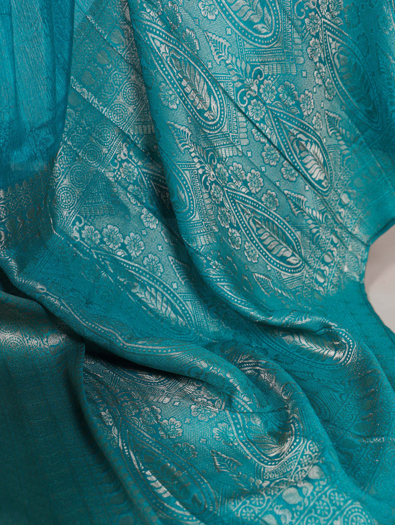 Firozi Color Self Printed With Zari Weaving Work Chinon Saree