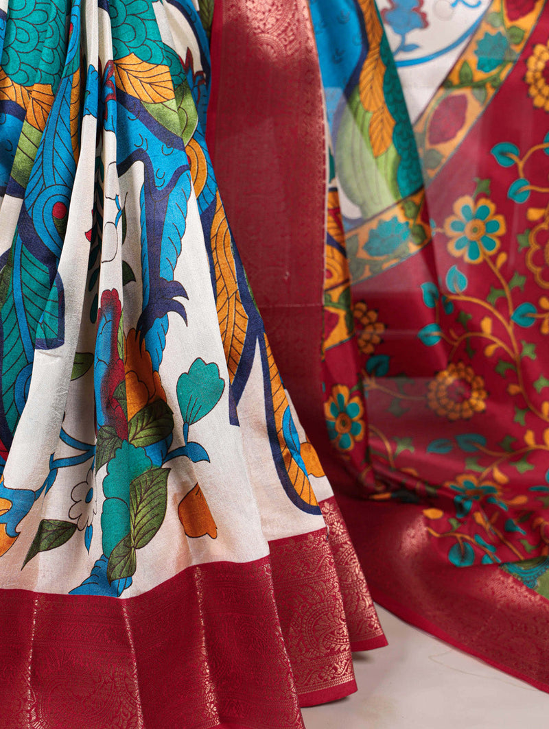 Off White Color Printed With Zari Weaving Work Tussar Silk Saree