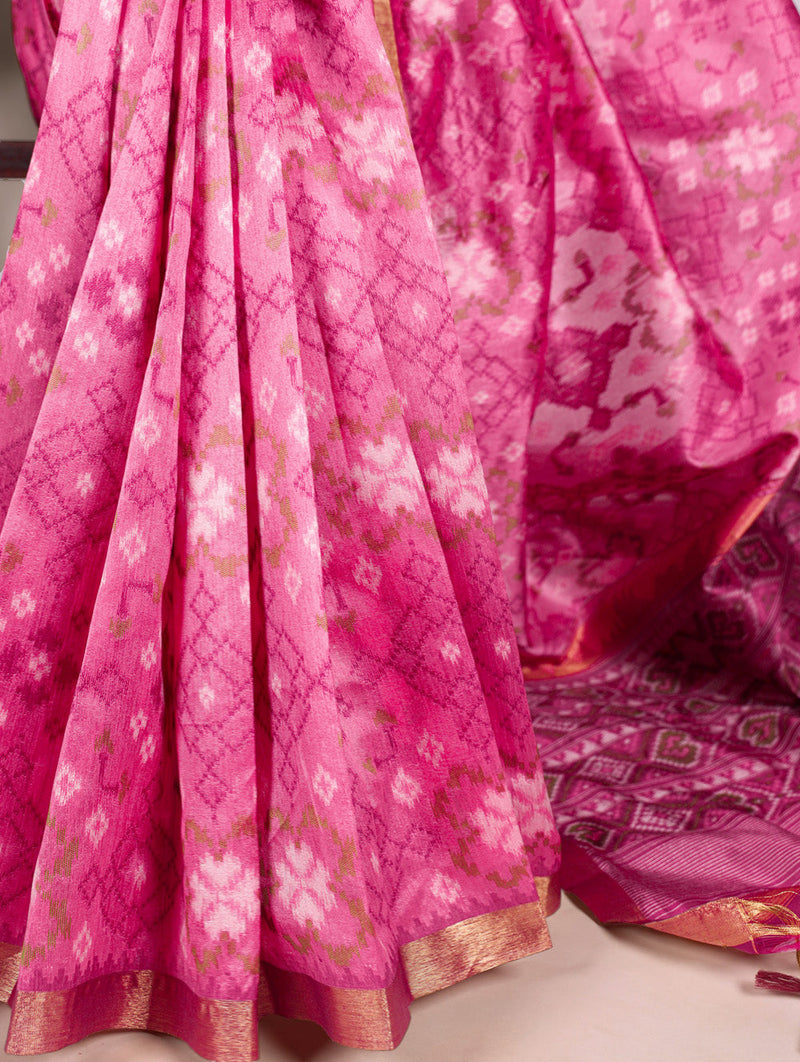 Pink Color Patola Print With Zari Weaving Work Jacquard Silk Saree