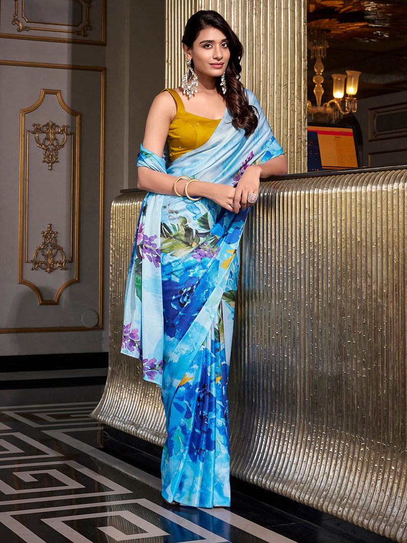 Sky Blue Color Printed Satin Silk saree