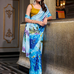 Sky Blue Color Printed Satin Silk saree