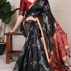 Black Color Printed With Zari Weaving Work Jacquard Silk Saree